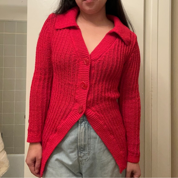 H&M Red Open Knit Cotton Blend Collared Button Down Long Cardigan size XS - Picture 2 of 13